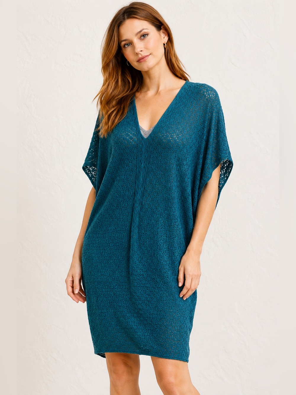 Mikael Aghal Teal Cocoon Dress M Draped Dolman Sleeve V-Neck Knit Tunic
